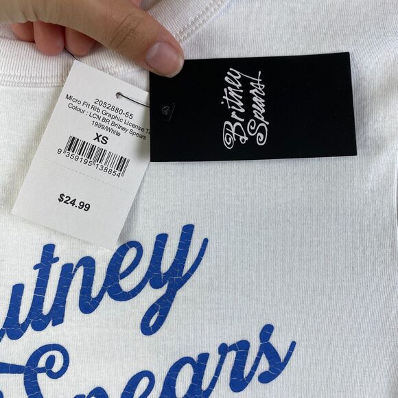 Britney Spears 1999 Micro Tee Girls Sz XS White Made w/ 100 Recycled Plastic NWT - Picture 8 of 15